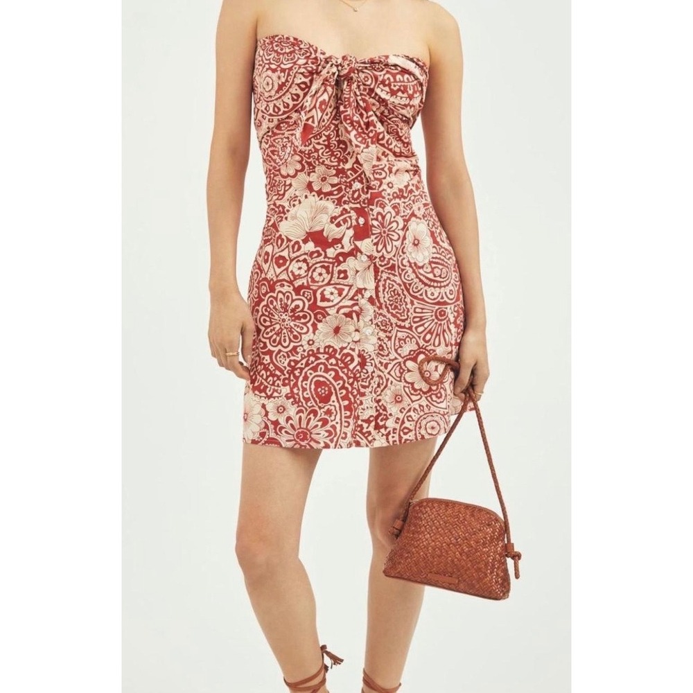 Anthropologie Blue Tassel Red Paisley Floral Strapless Tie Front Mini Dress L